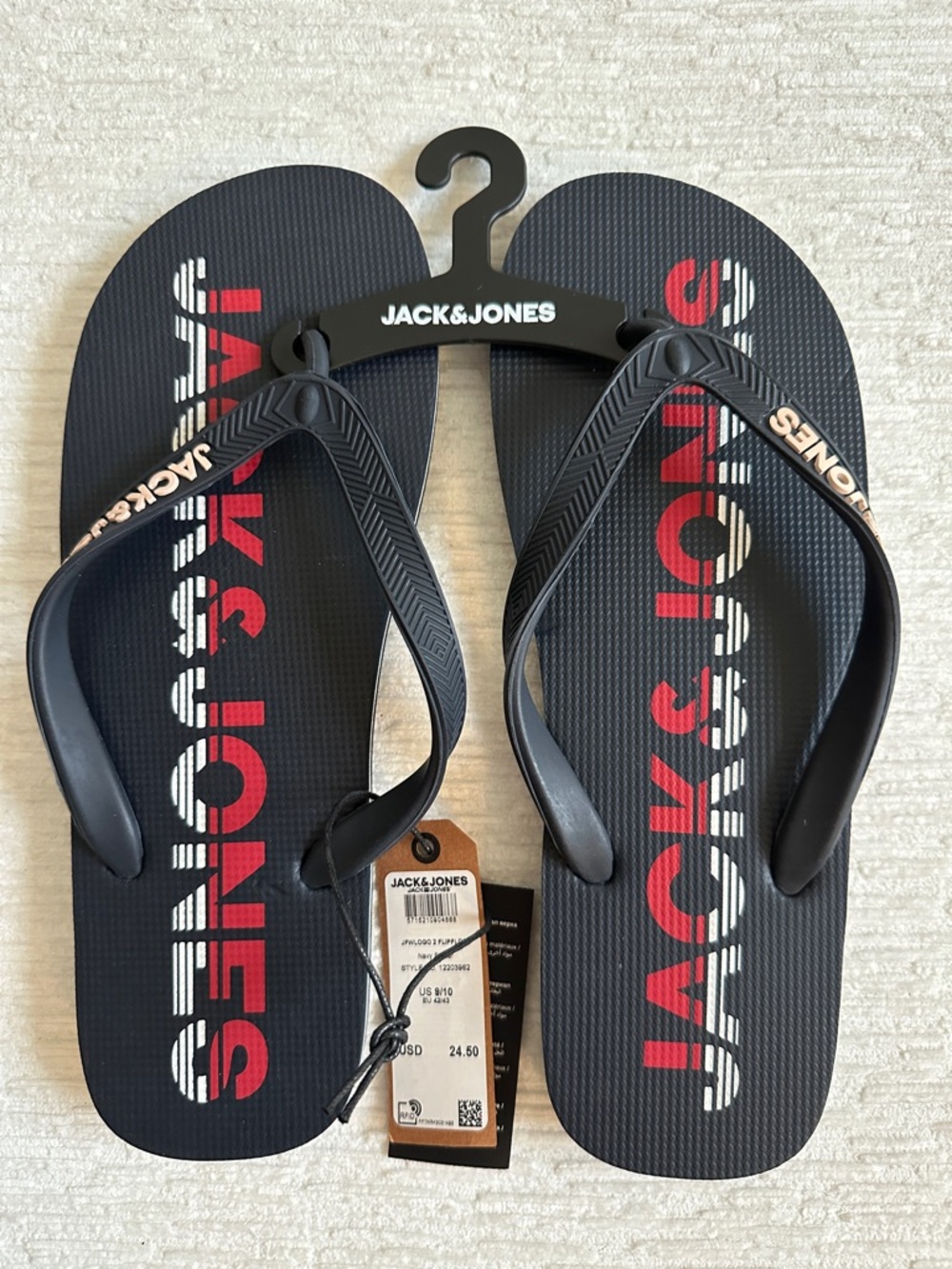 Jack & Jones Black Flip Flops with Red Logo Text